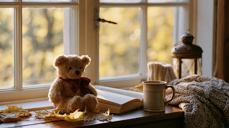 Teddy bear with red bow sitting on wooden windowsill beside open book and mug, surrounded by autumn leaves and cozy blanket in sunlit room