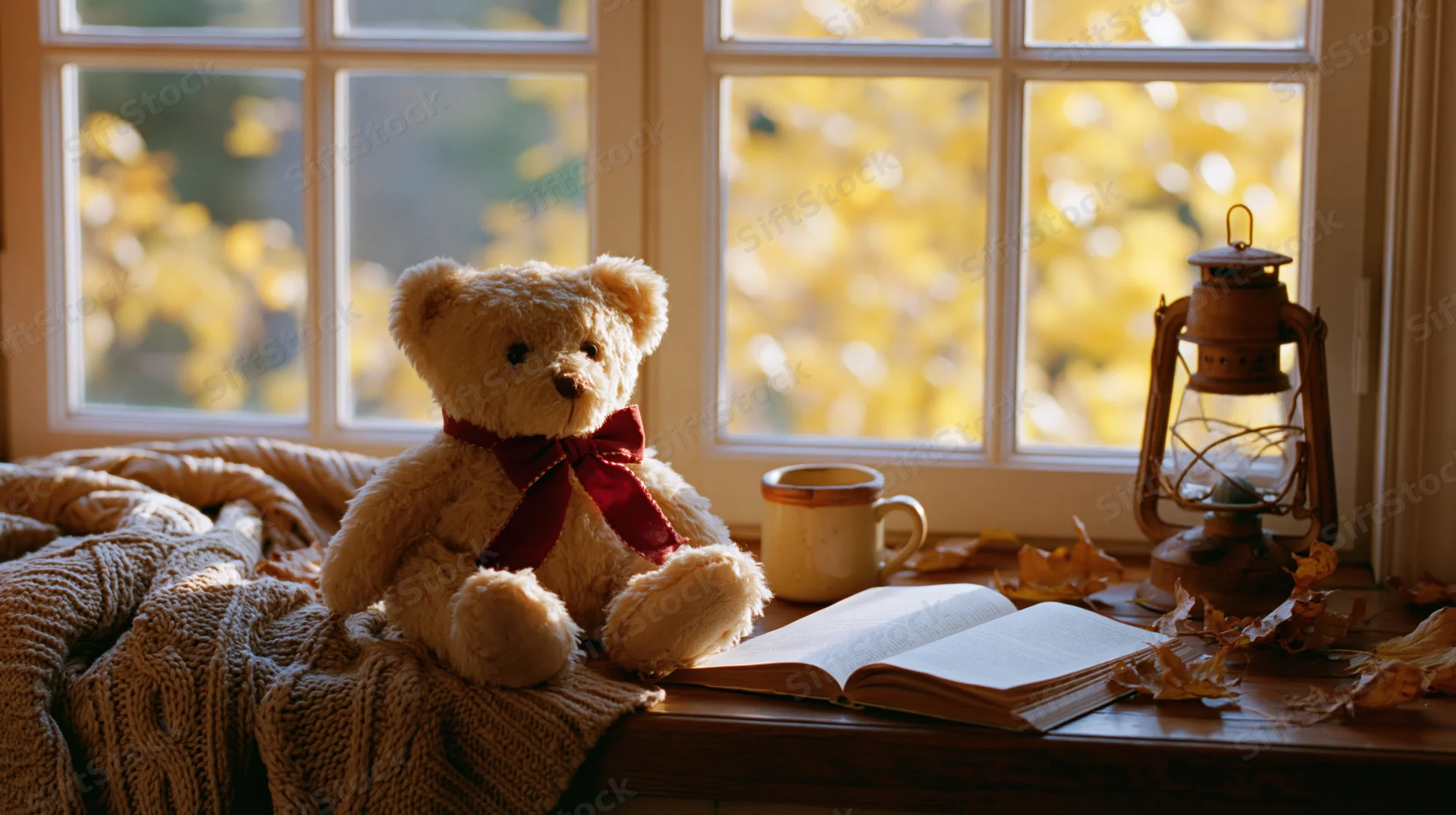 Teddy bear with red bow sitting on wooden windowsill beside open book and lantern, surrounded by autumn leaves and warm sunlight