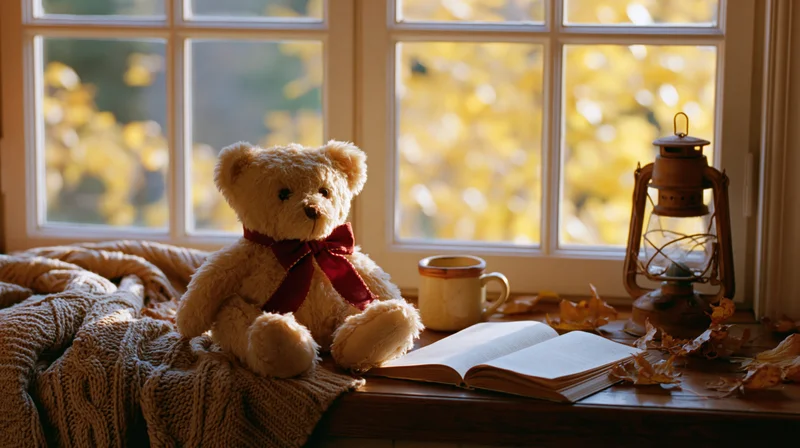 Teddy bear with red bow sitting on wooden windowsill beside open book and lantern, surrounded by autumn leaves and warm sunlight