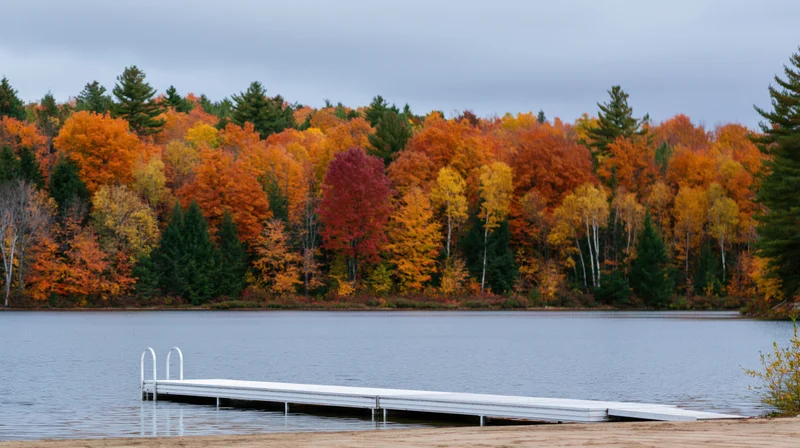 White metal dock extending into calm lake surrounded by autumn trees displaying vibrant fall foliage