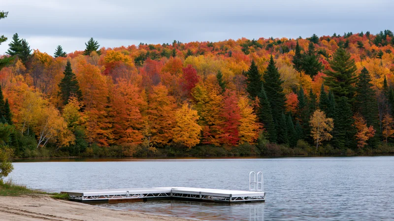 White metal dock extending into calm lake surrounded by autumn forest with colorful foliage