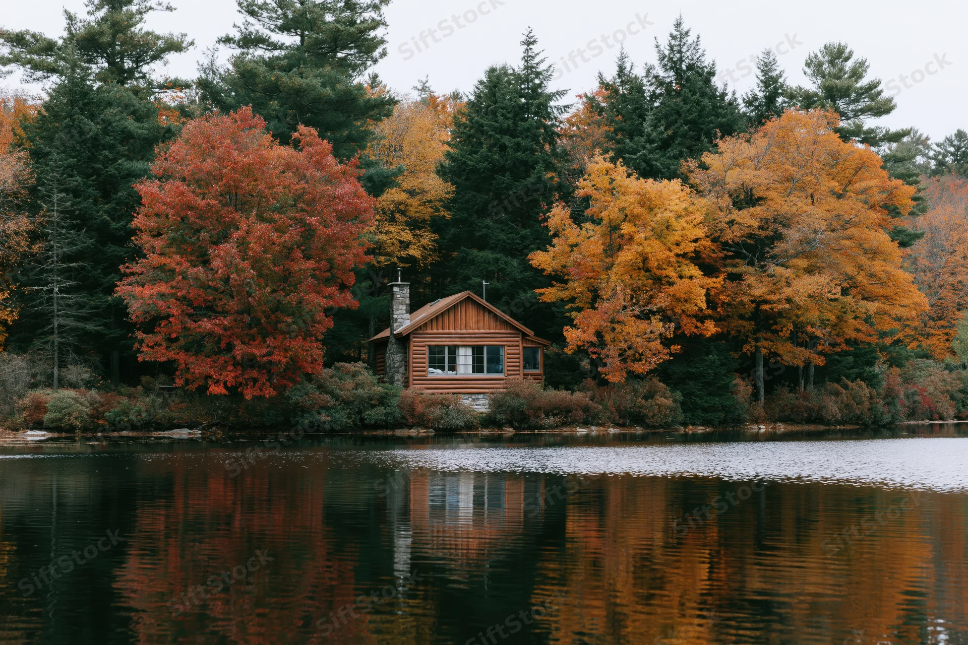Wooden cabin nestled among autumn trees by a calm lake with reflections in the water