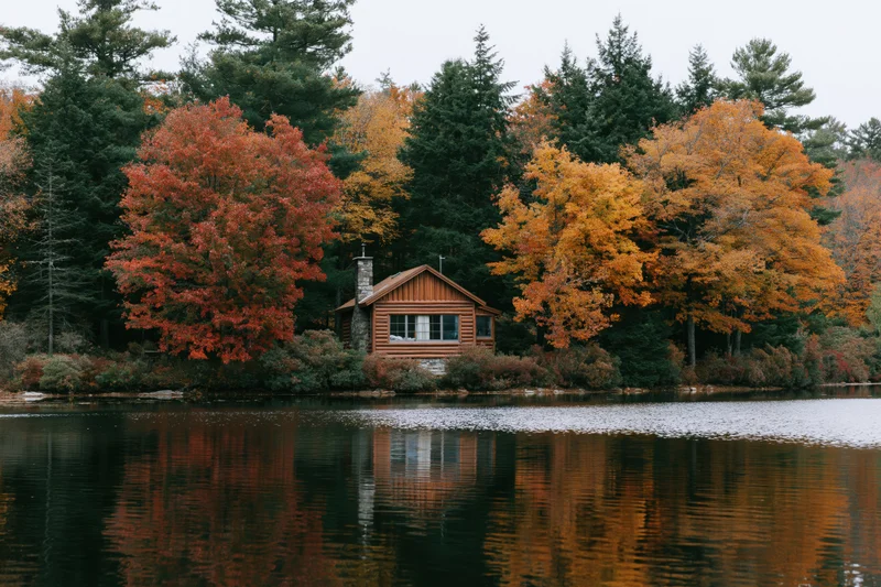 Wooden cabin nestled among autumn trees by a calm lake with reflections in the water