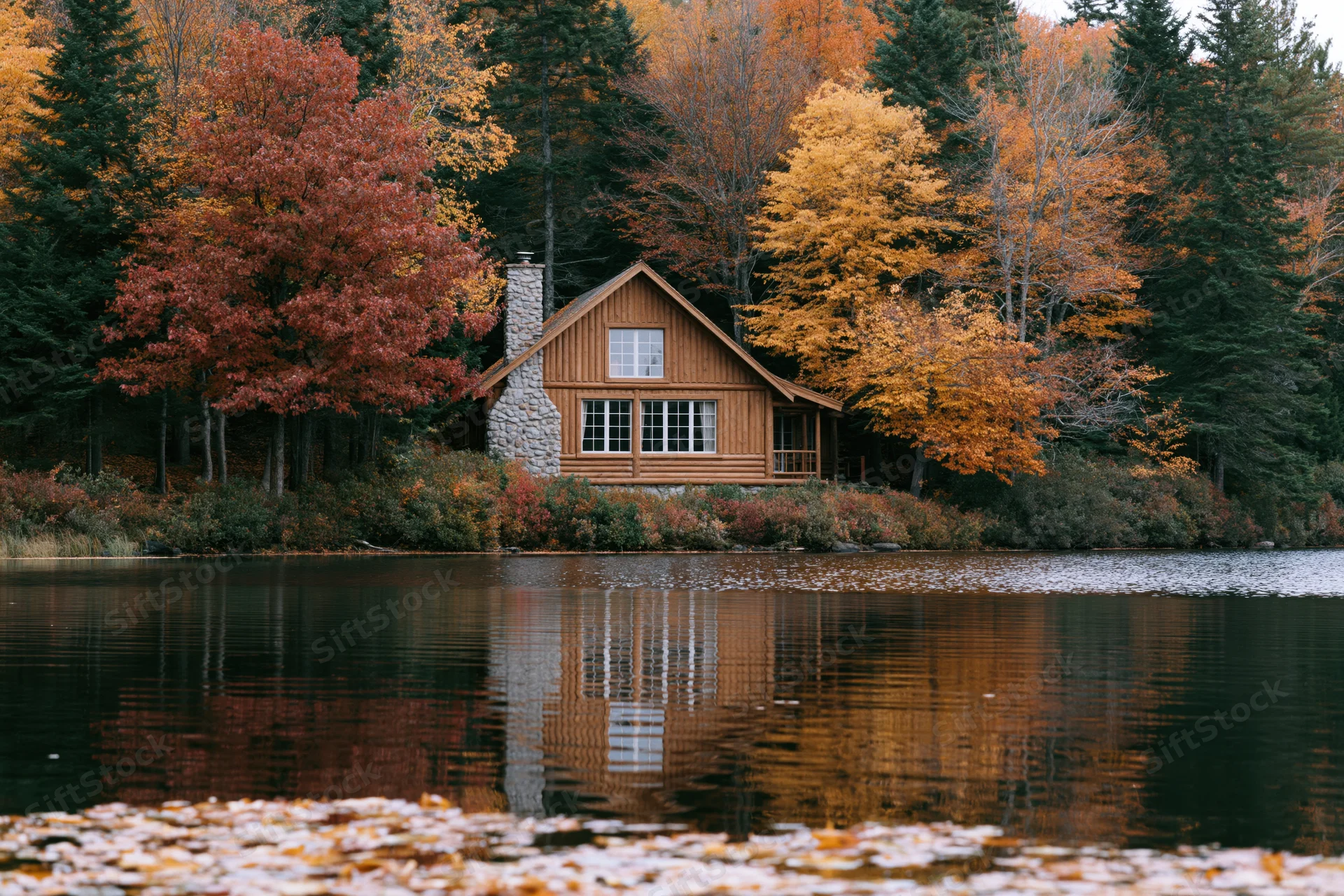 Wooden cabin by a calm lake reflecting autumn trees in the forest