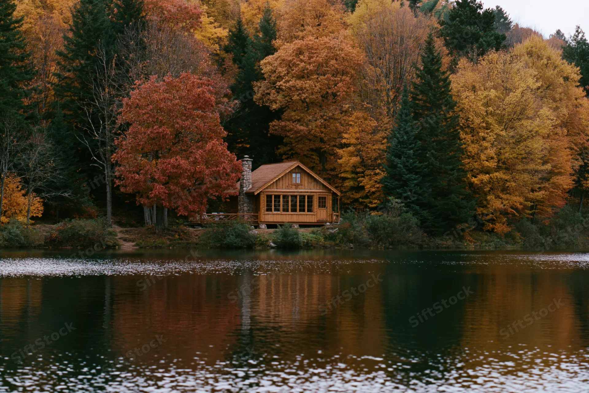 Wooden cabin nestled among autumn trees by a calm lake with reflection