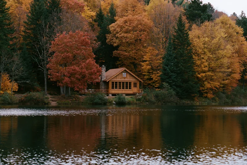 Wooden cabin nestled among autumn trees by a calm lake with reflection