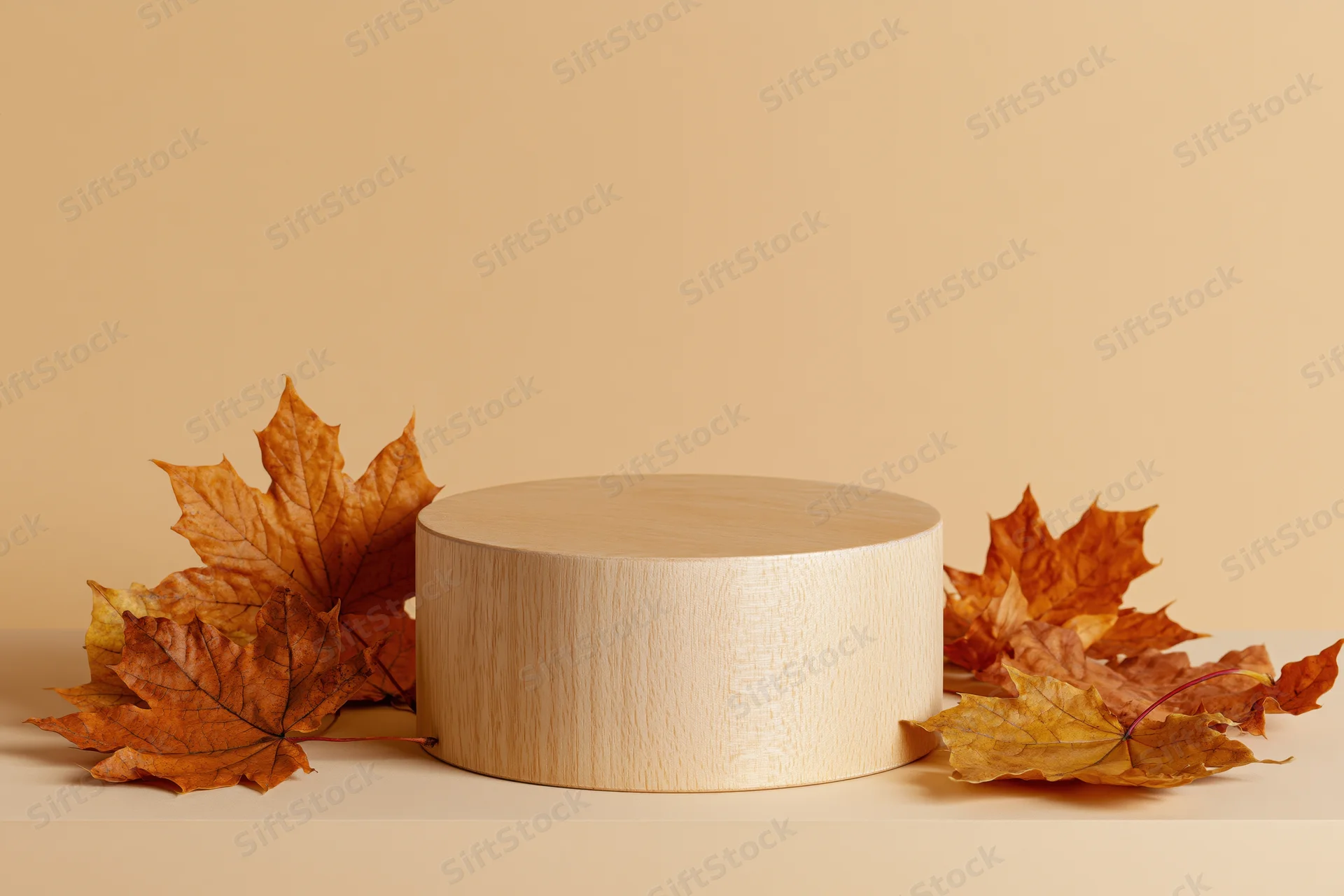 Wooden cylindrical podium on a flat surface surrounded by autumn maple leaves