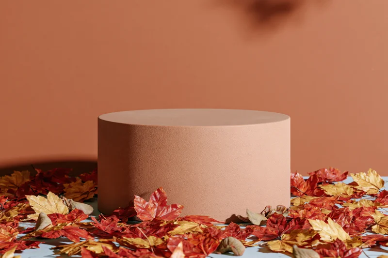 Round terracotta pedestal on a flat surface surrounded by autumn maple leaves