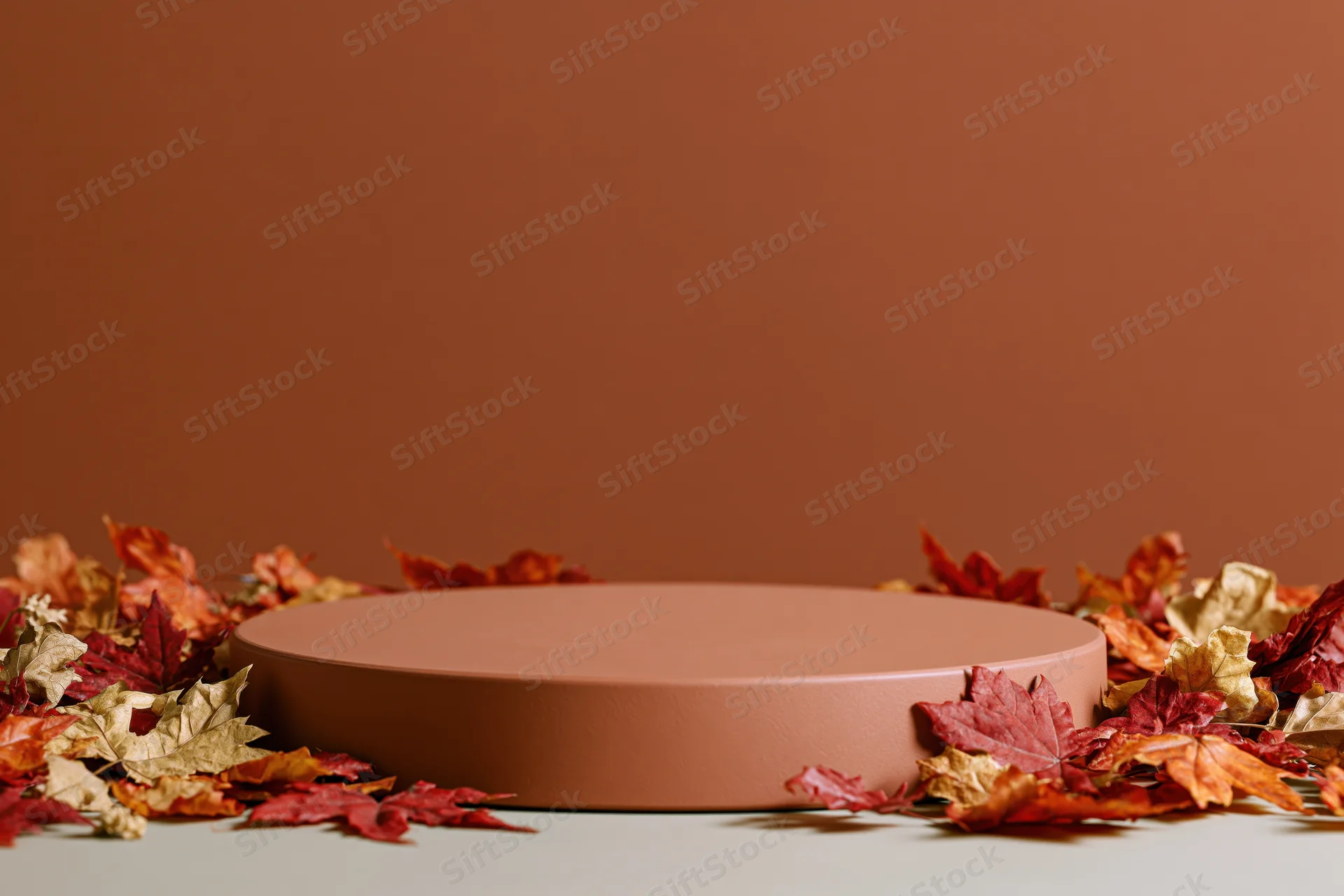 Round terracotta pedestal surrounded by autumn maple leaves on a flat surface