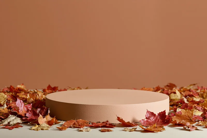 Round beige pedestal on a flat surface surrounded by scattered autumn maple leaves