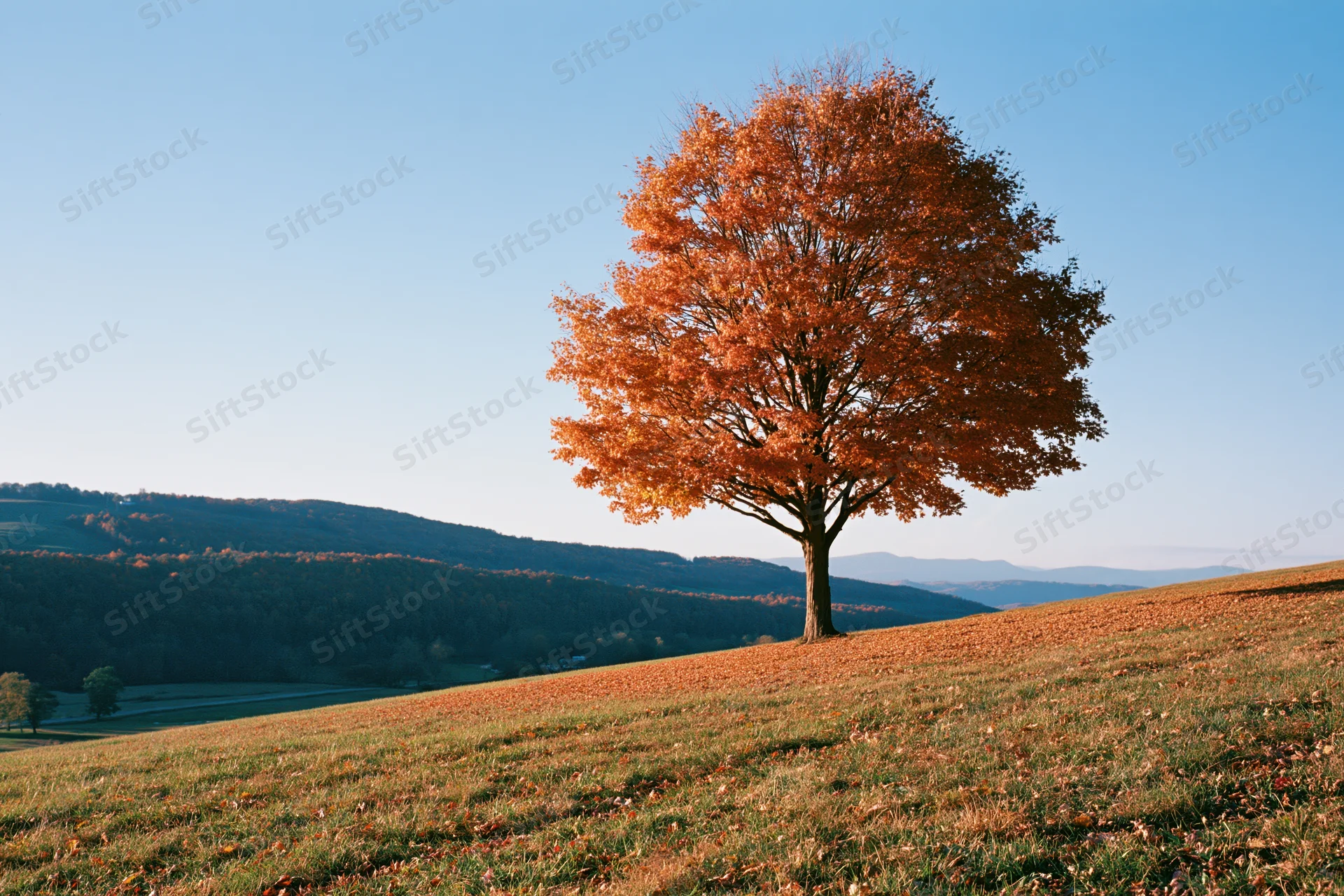 Solitary tree with orange autumn foliage on a grassy hill under clear blue sky