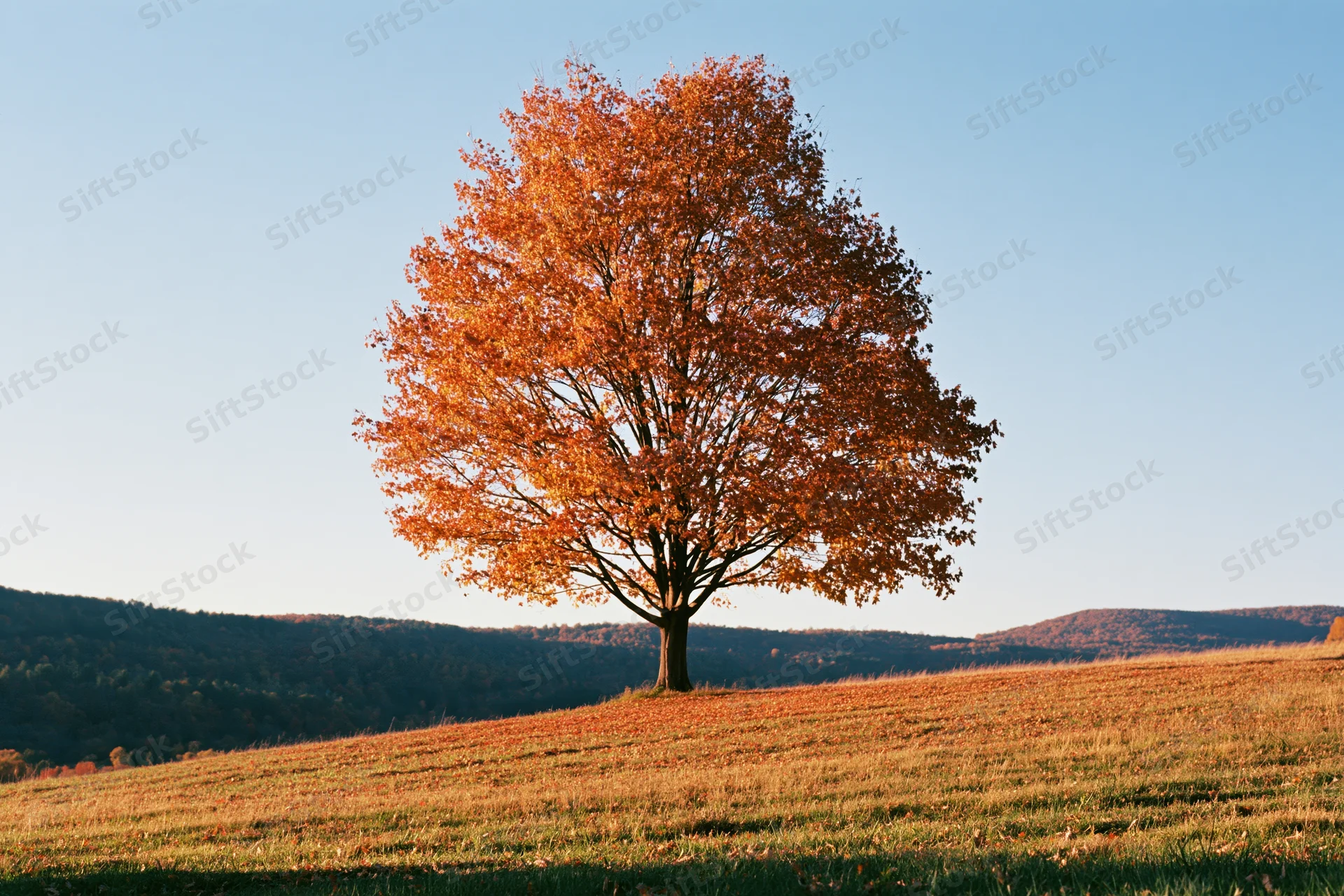 Solitary tree with orange autumn foliage standing on a grassy hill under a clear blue sky