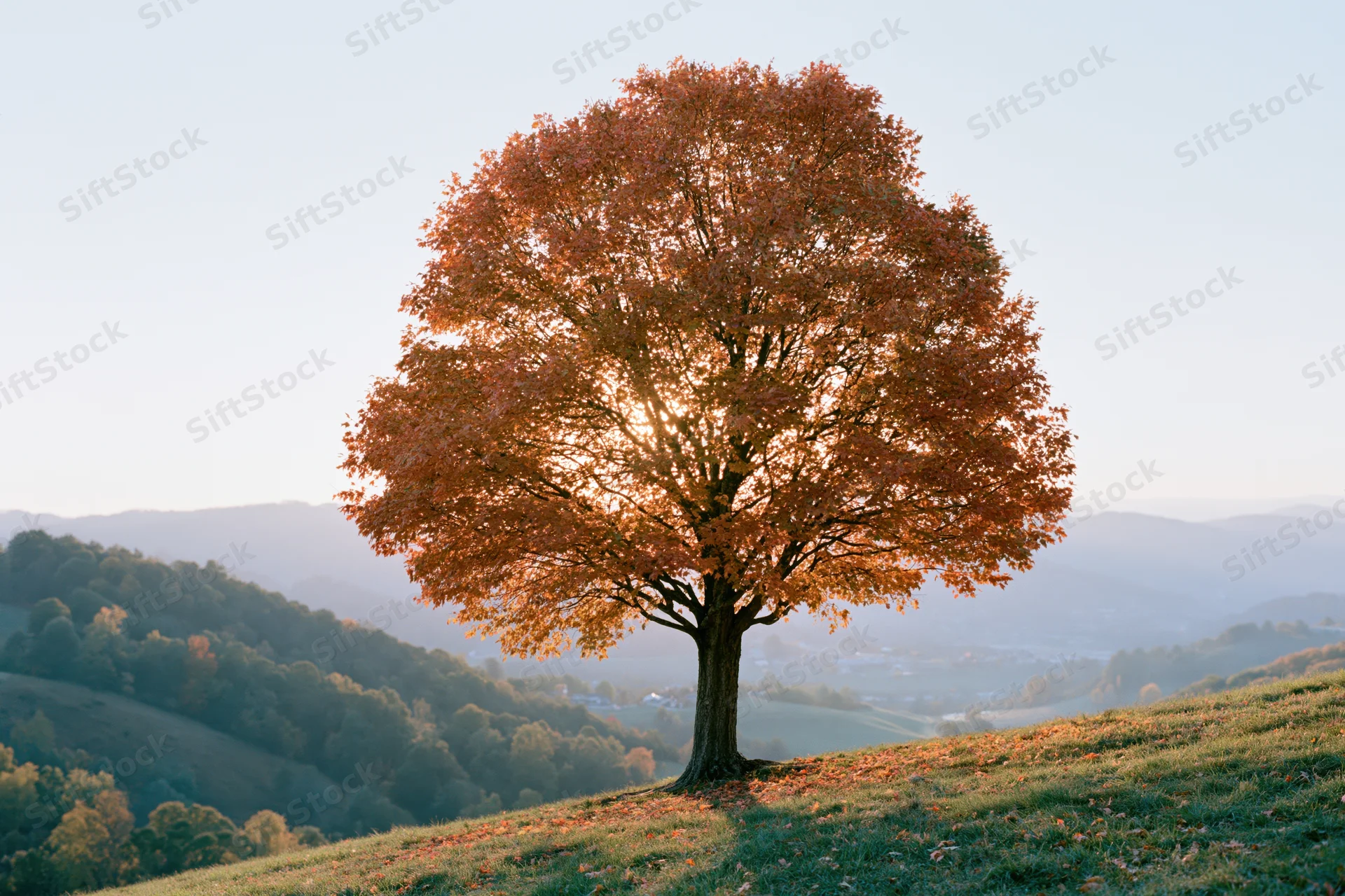 Solitary tree with orange autumn foliage on a grassy hill overlooking a valley at sunrise