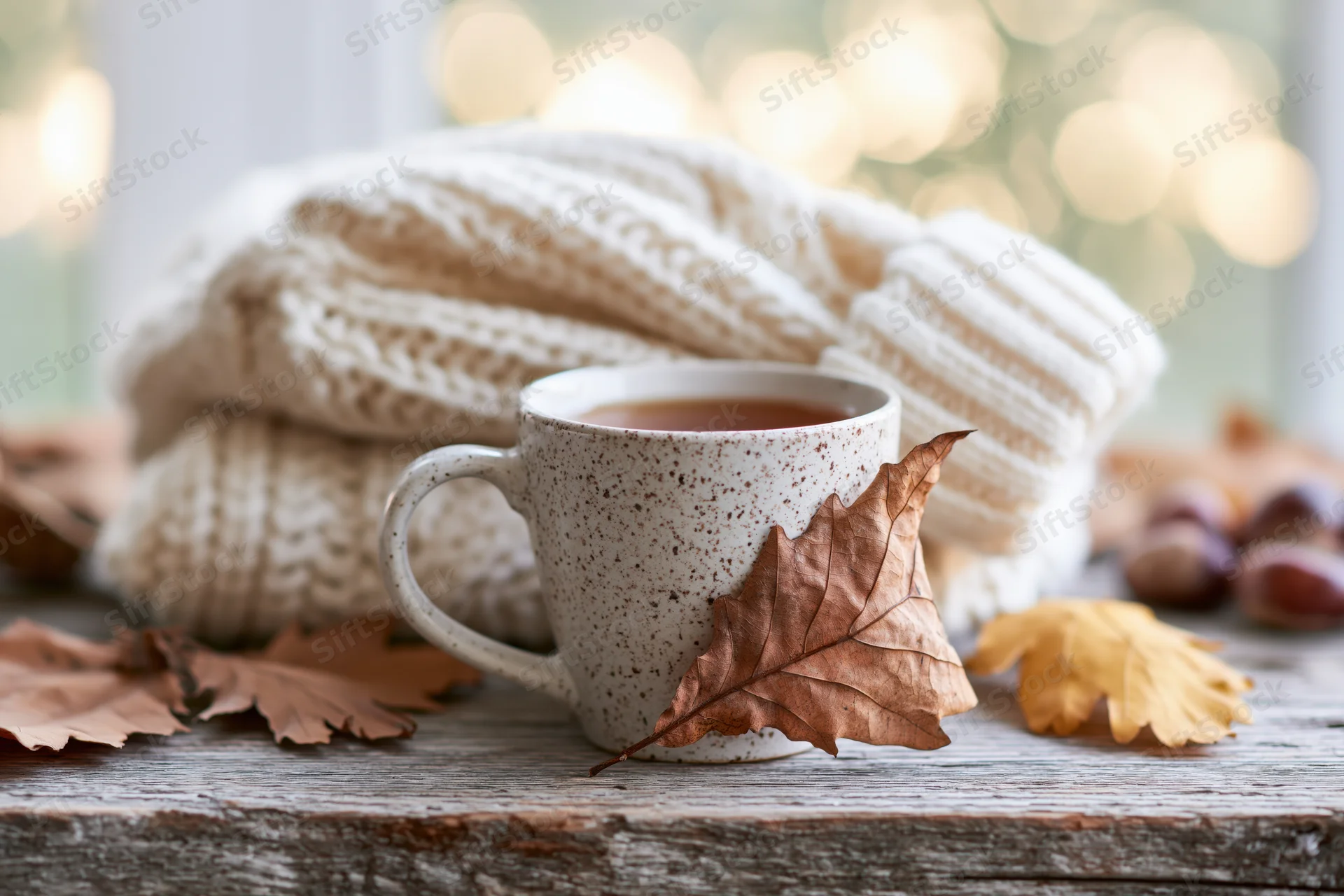 Speckled ceramic mug of hot tea on weathered wooden table with autumn leaves and knitted sweater in background