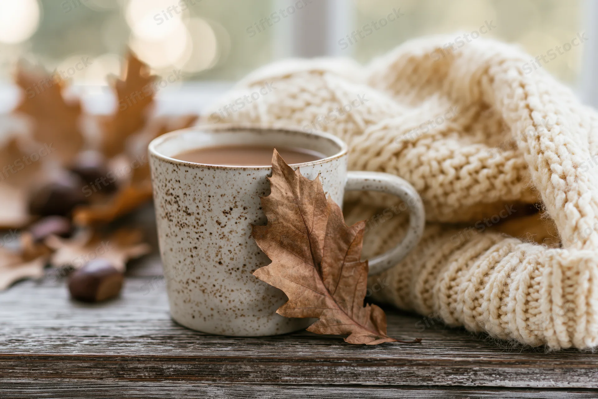 Speckled ceramic mug of tea with dried oak leaf and knitted sweater on rustic wooden table near window