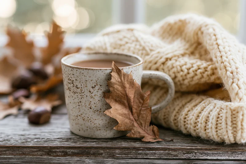 Speckled ceramic mug of tea with dried oak leaf and knitted sweater on rustic wooden table near window