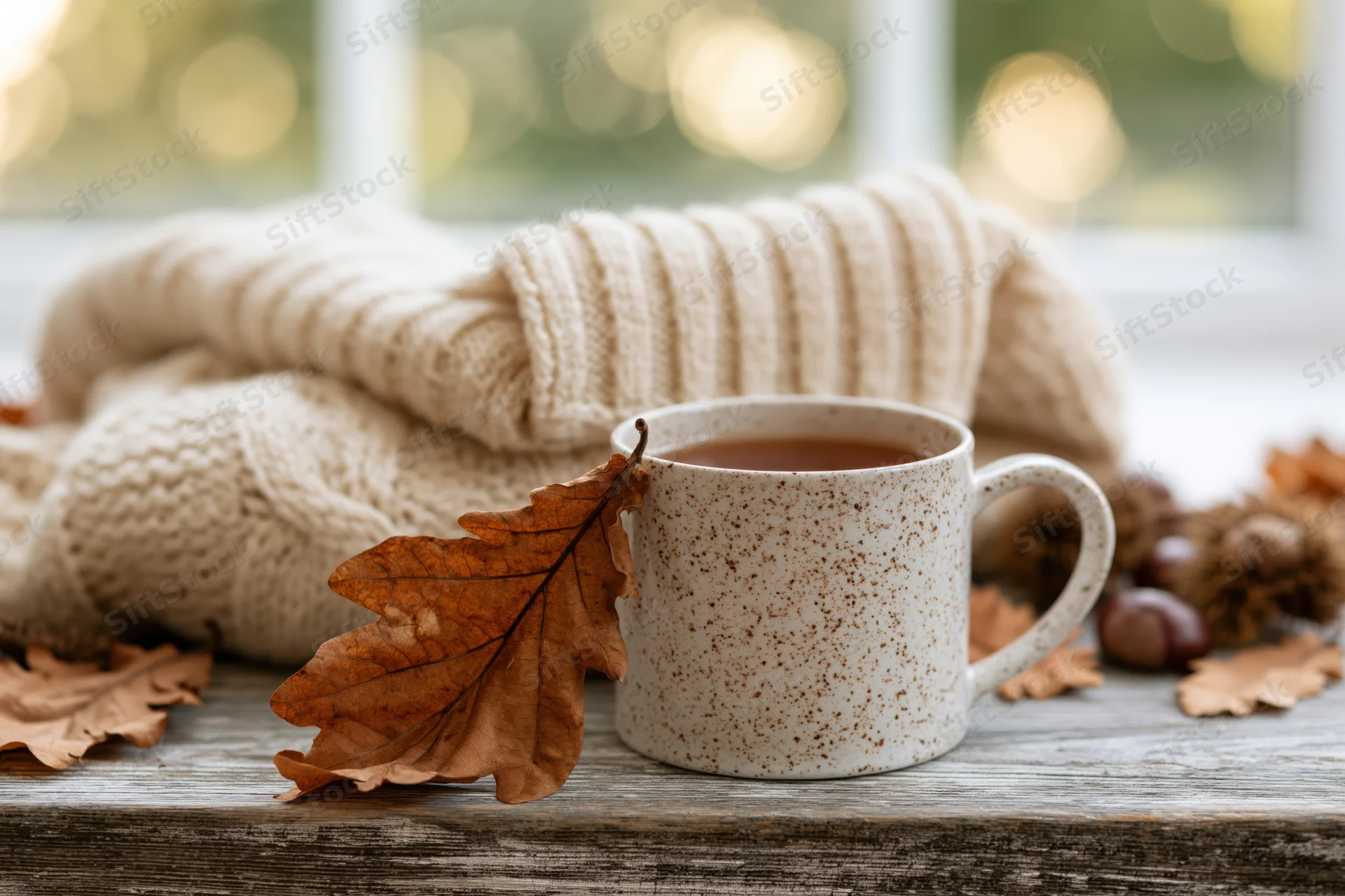 Speckled ceramic mug of tea on weathered wood table with autumn leaves and knitted sweater near window