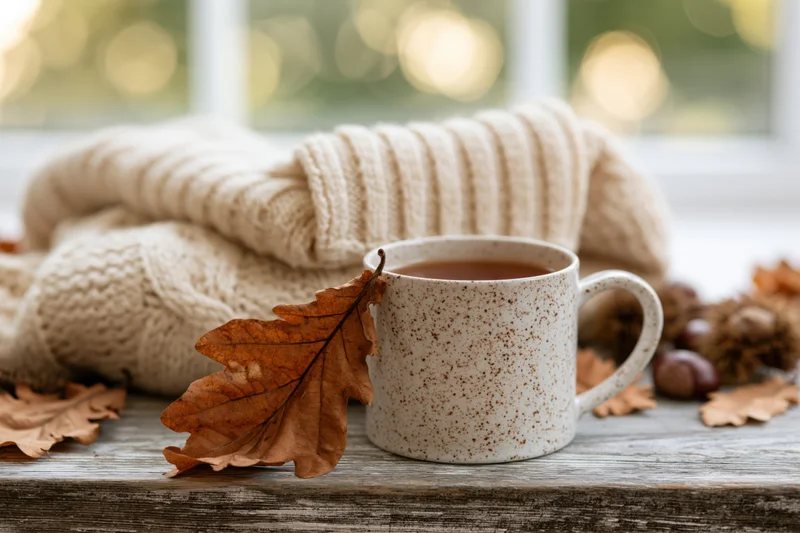 Speckled ceramic mug of tea on weathered wood table with autumn leaves and knitted sweater near window