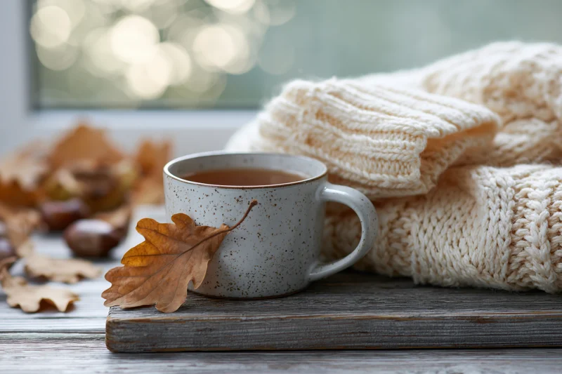 Speckled ceramic mug of tea with autumn leaf and knitted sweater on wooden plank by window