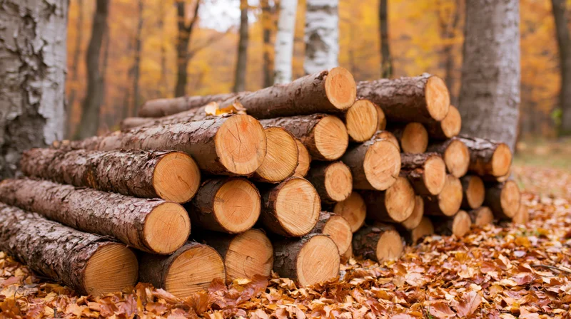 Stack of freshly cut logs piled in a deciduous forest clearing covered in autumn leaves