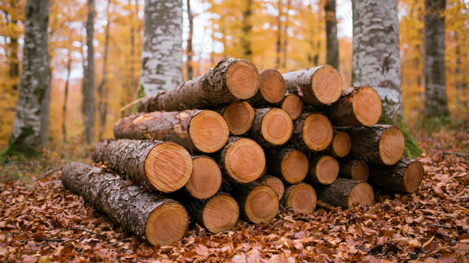 Stack of freshly cut logs piled in a deciduous forest during autumn