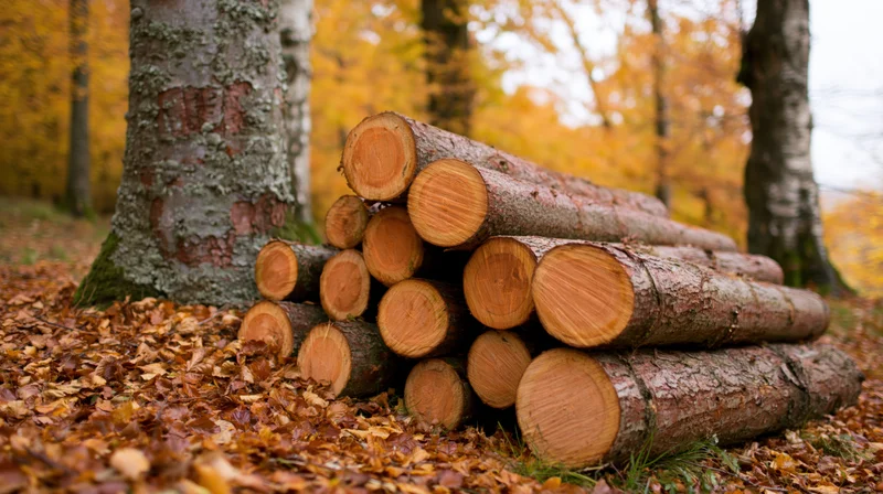 Freshly cut logs stacked on forest floor covered in autumn leaves