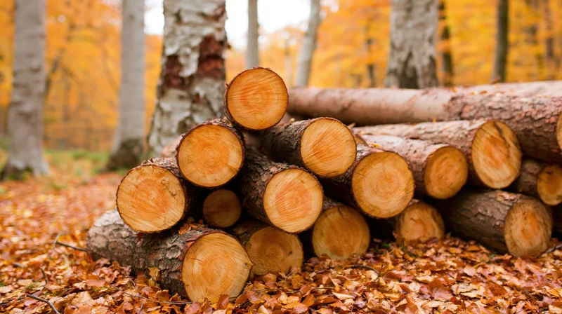 Stack of freshly cut logs piled in a deciduous forest clearing during autumn