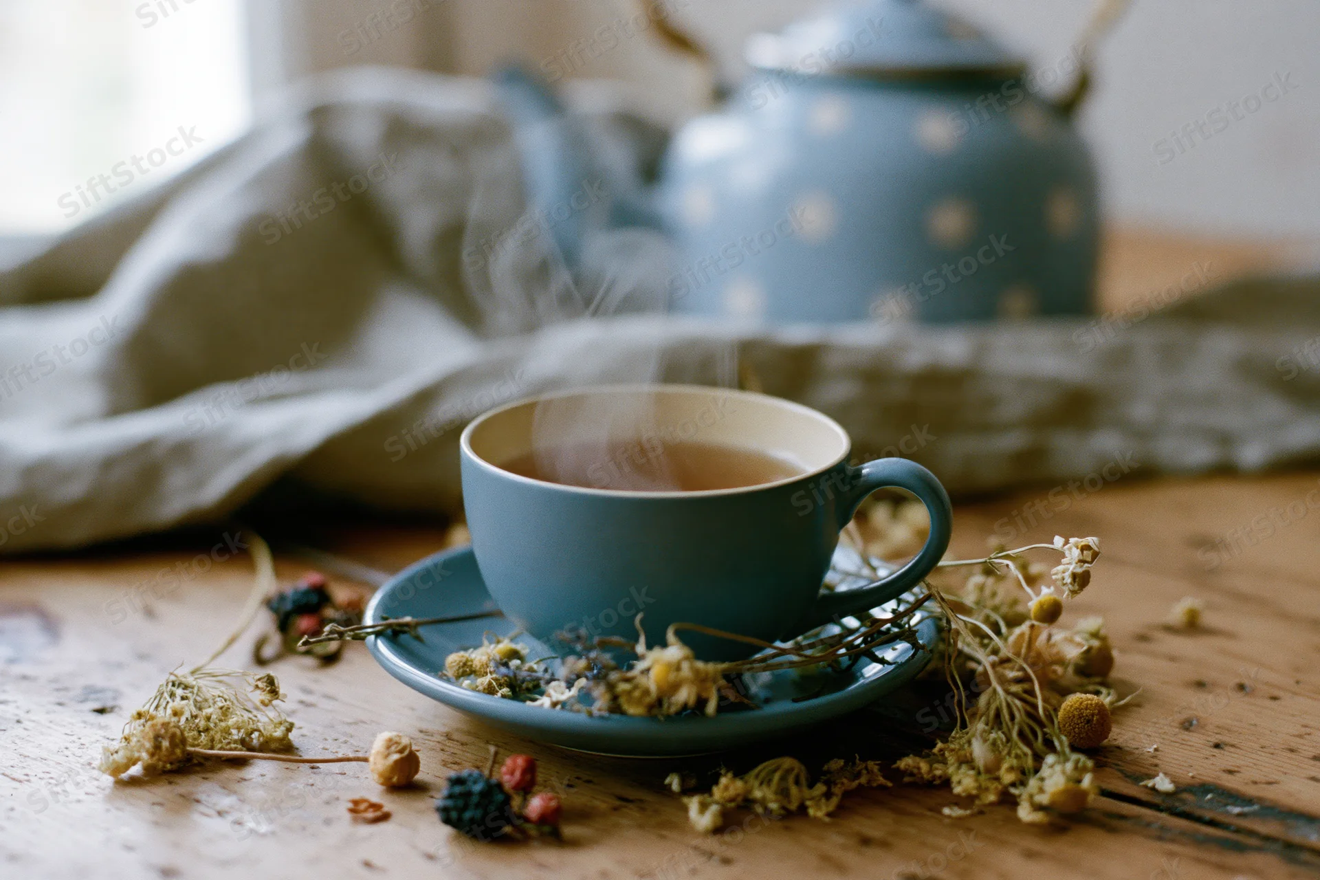 Steaming blue ceramic tea cup on matching saucer with dried herbs on wooden table