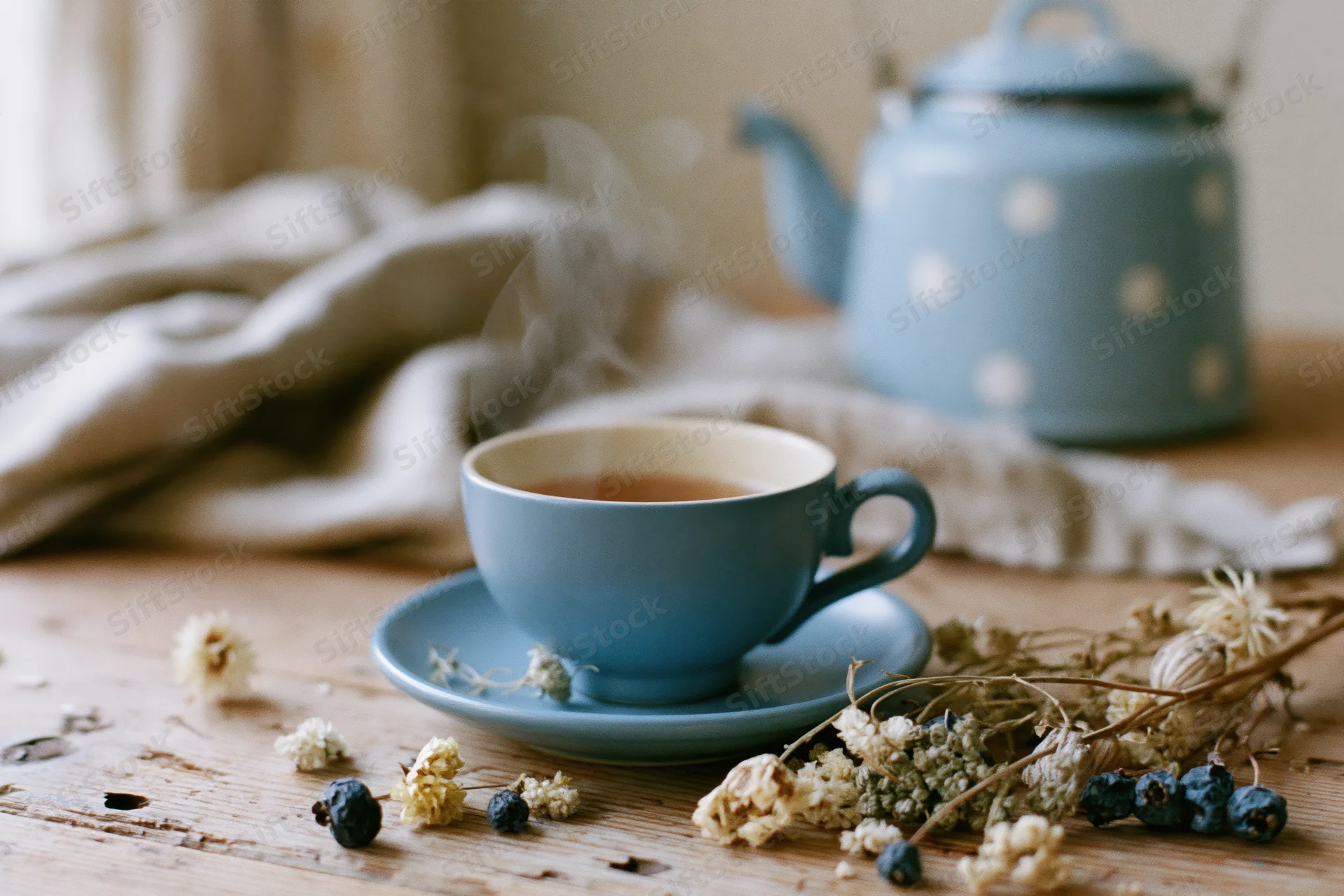 Steaming blue ceramic tea cup on wooden table with dried flowers and berries