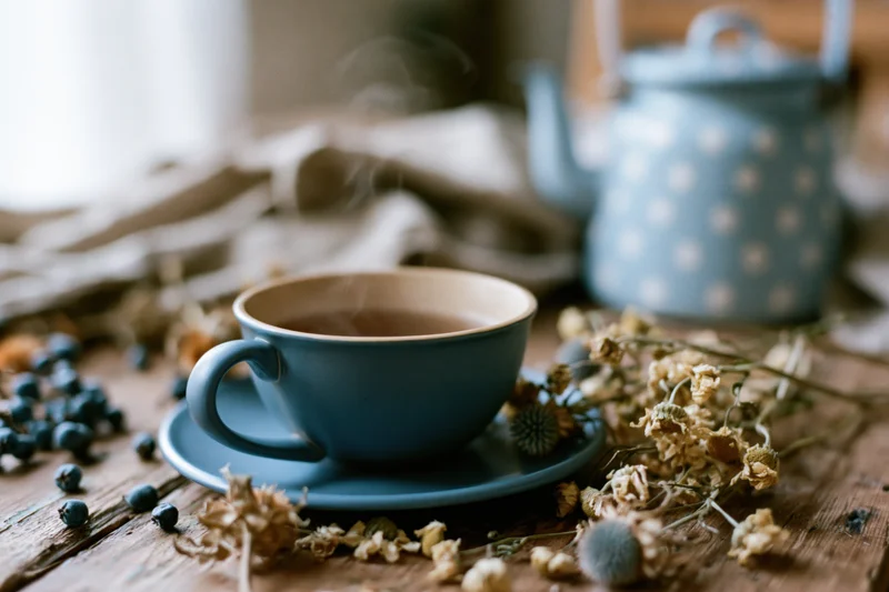Steaming blue ceramic cup of herbal tea on wooden table with dried flowers and blueberries
