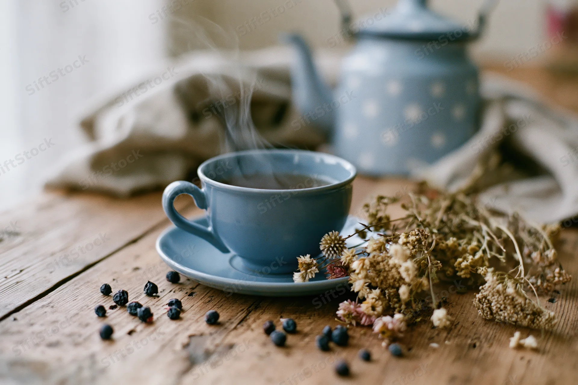 Steaming blue ceramic tea cup on wooden table with dried flowers and blueberries