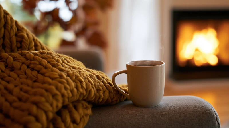Steaming ceramic mug on armchair armrest beside fireplace with knit blanket draped nearby