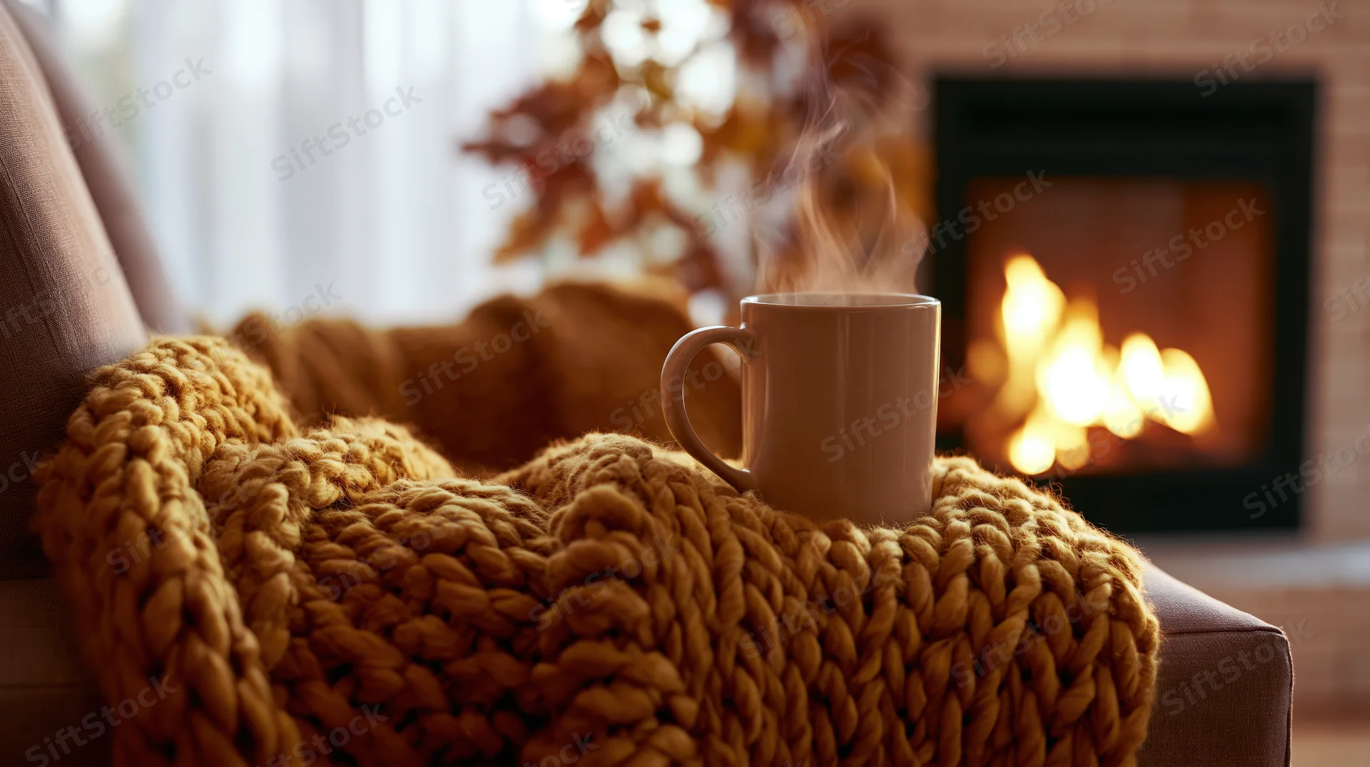 Steaming ceramic mug resting on armchair arm with knitted blanket and fireplace in background