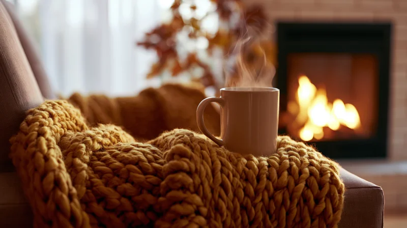 Steaming ceramic mug resting on armchair arm with knitted blanket and fireplace in background