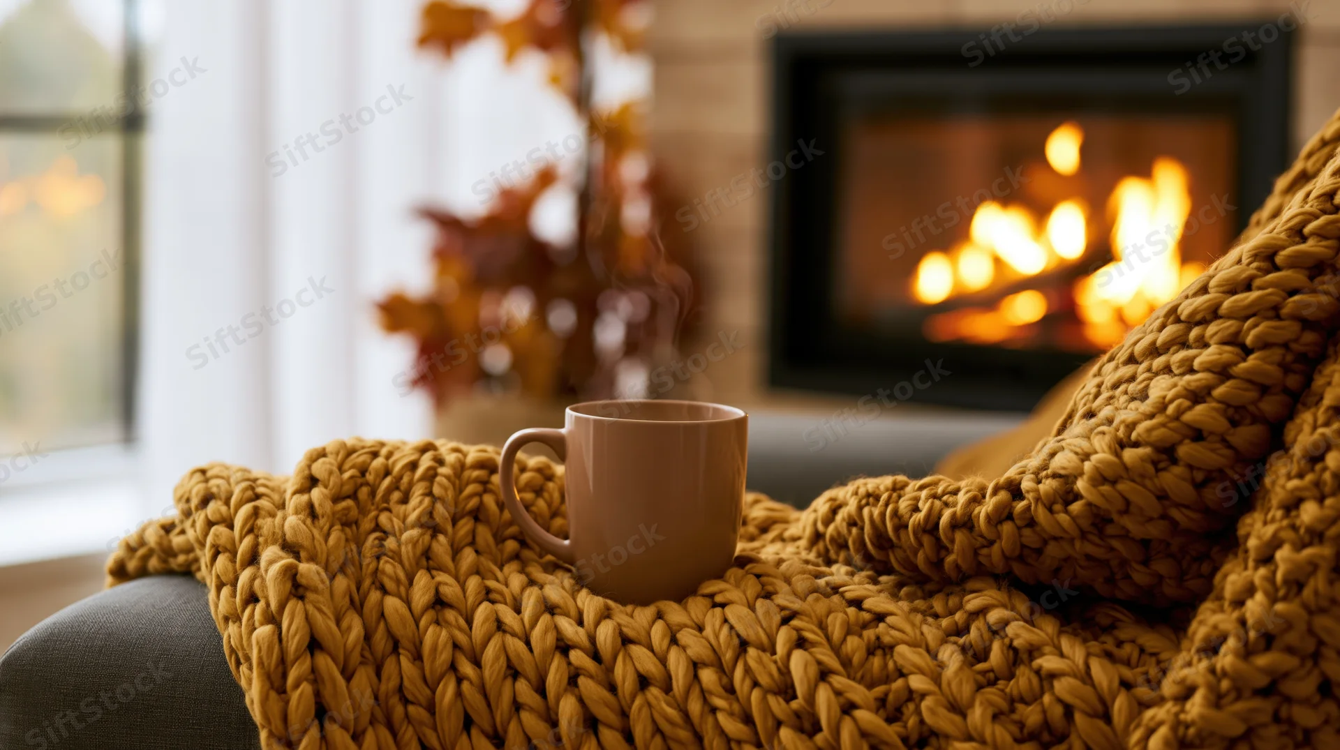 Steaming ceramic mug resting on arm of armchair draped with thick knit blanket near fireplace