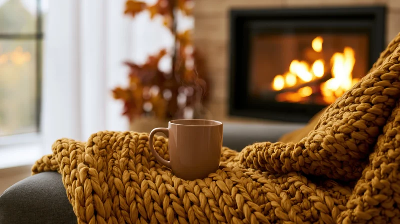Steaming ceramic mug resting on arm of armchair draped with thick knit blanket near fireplace