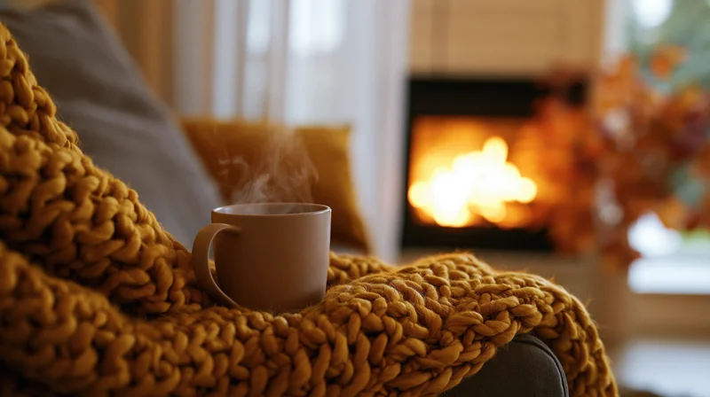 Steaming ceramic mug resting on arm of cozy armchair with knitted blanket near fireplace