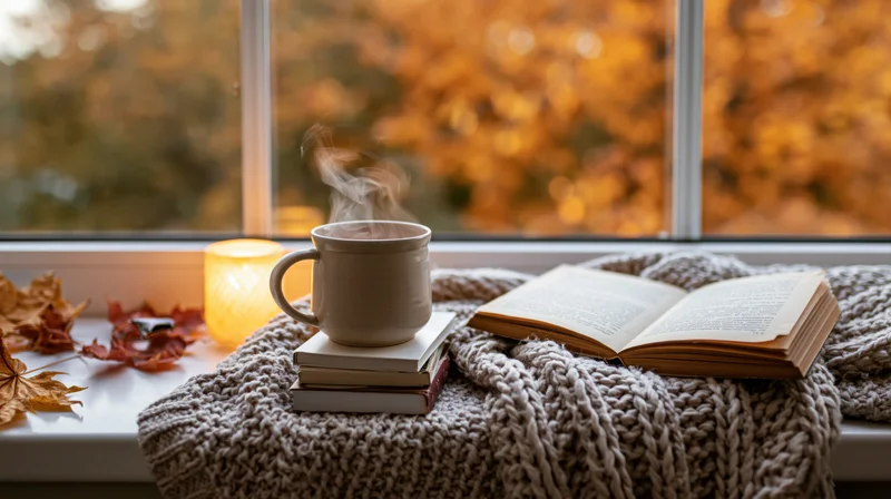 Steaming mug of tea on books beside open book and knit blanket on windowsill with autumn foliage outside