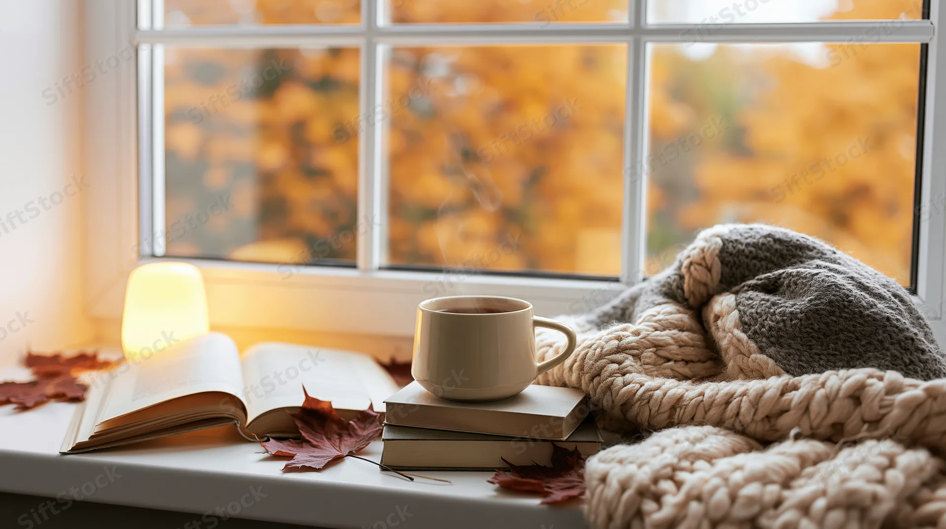 Steaming tea mug on books beside window with autumn leaves outside and knit blanket nearby