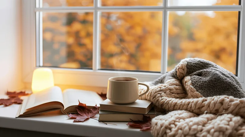Steaming tea mug on books beside window with autumn leaves outside and knit blanket nearby