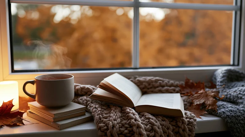 Steaming mug of tea on stack of books beside open book on knit blanket by window with autumn foliage outside