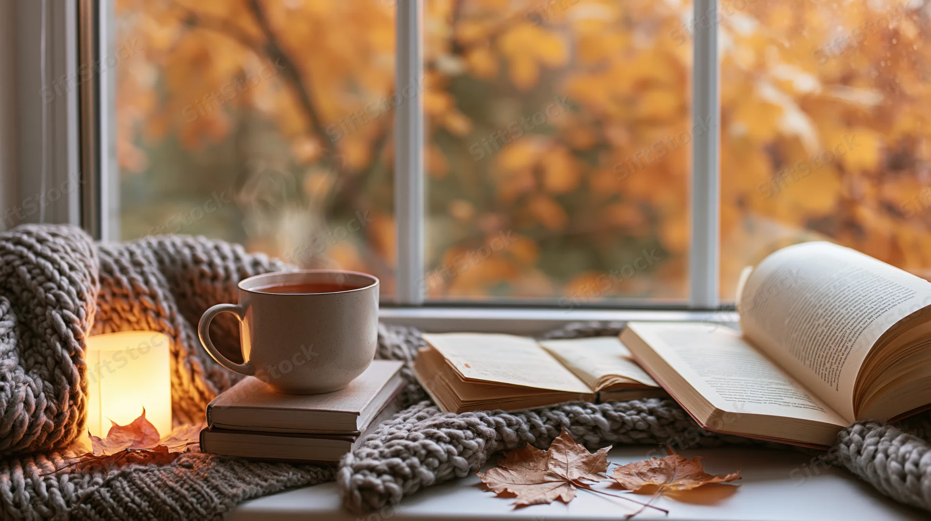 Steaming mug of tea on books beside a window with autumn foliage outside, draped with a knitted blanket and scattered leaves