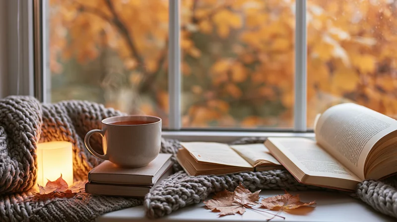 Steaming mug of tea on books beside a window with autumn foliage outside, draped with a knitted blanket and scattered leaves