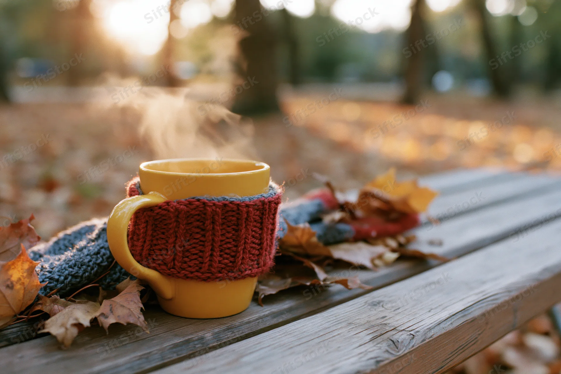Steaming yellow ceramic mug with knitted cozy on wooden bench surrounded by autumn leaves in park setting