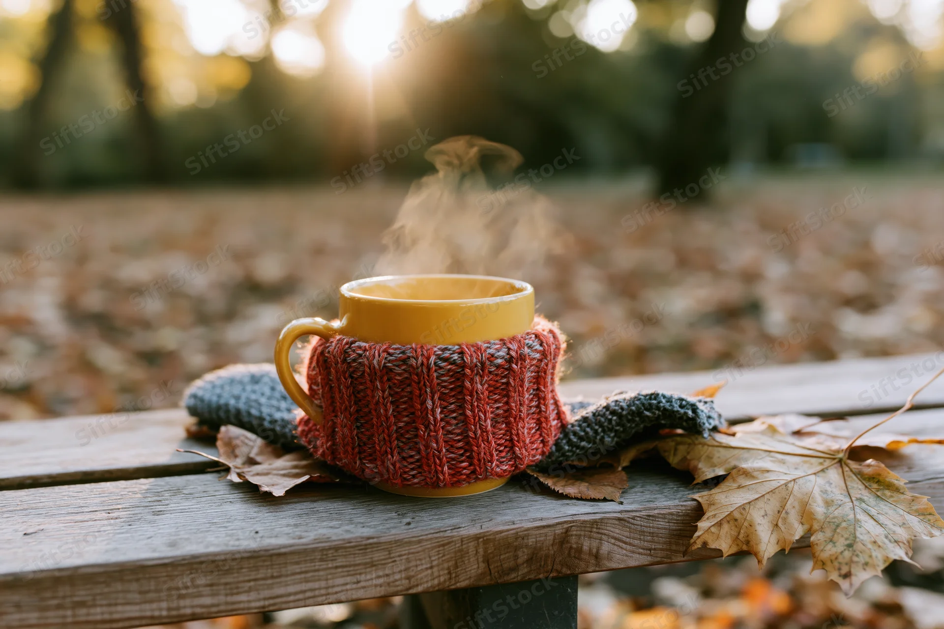 Steaming yellow ceramic mug wrapped in red and grey knitted cozy on wooden bench surrounded by autumn leaves in park at golden hour