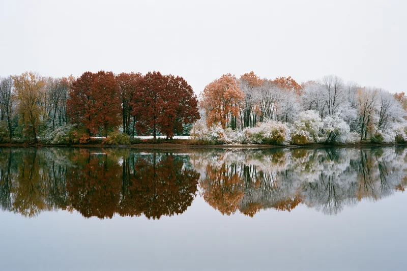 Still lake reflecting autumn trees along the shoreline under overcast sky