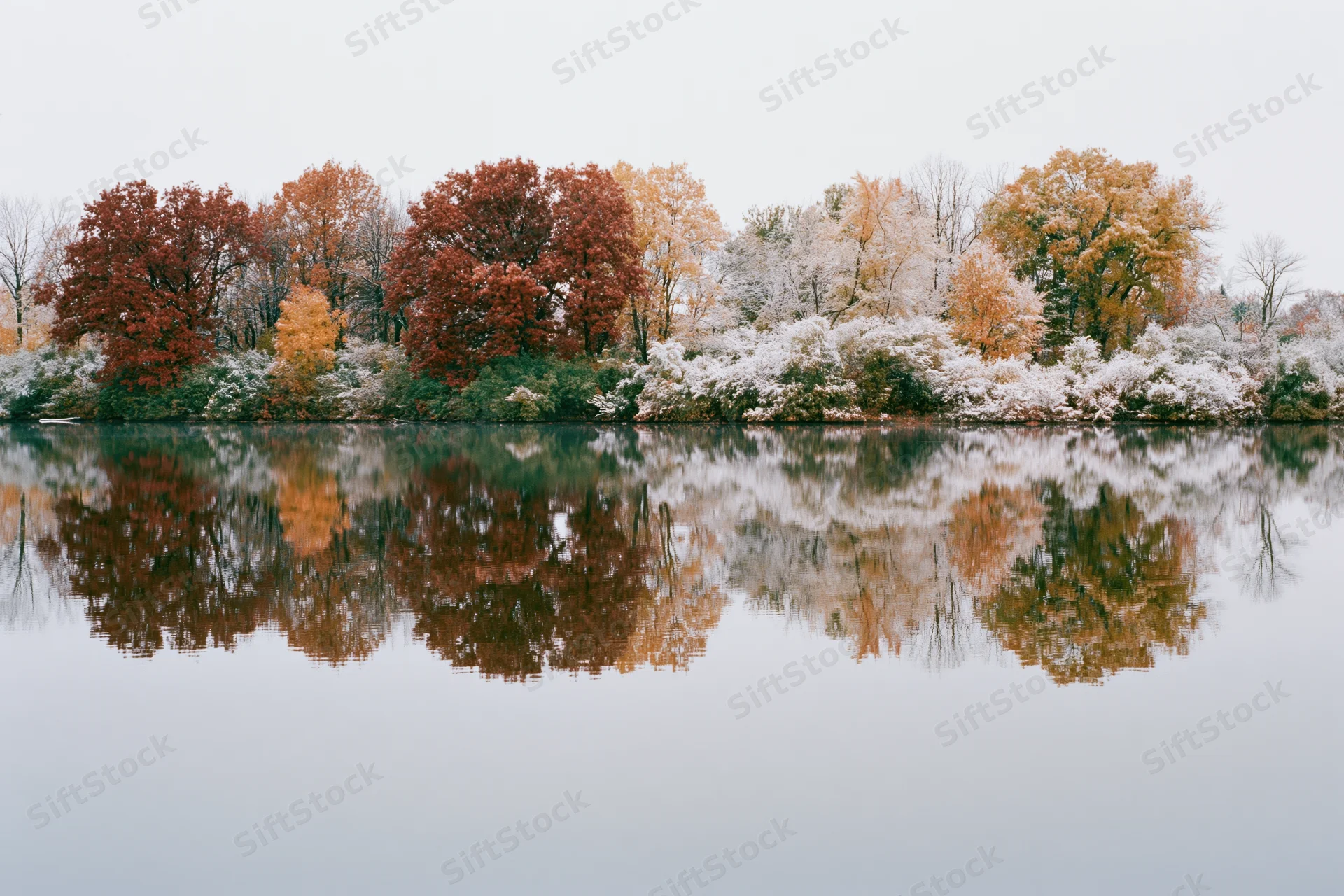 Still lake reflecting autumn trees along the shore under overcast sky
