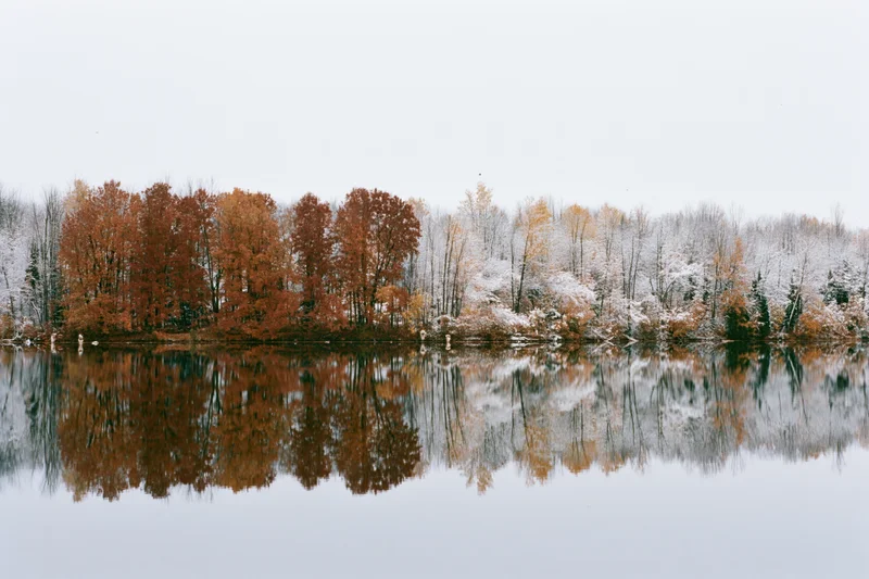 Still lake reflecting autumn trees dusted with snow along the shoreline