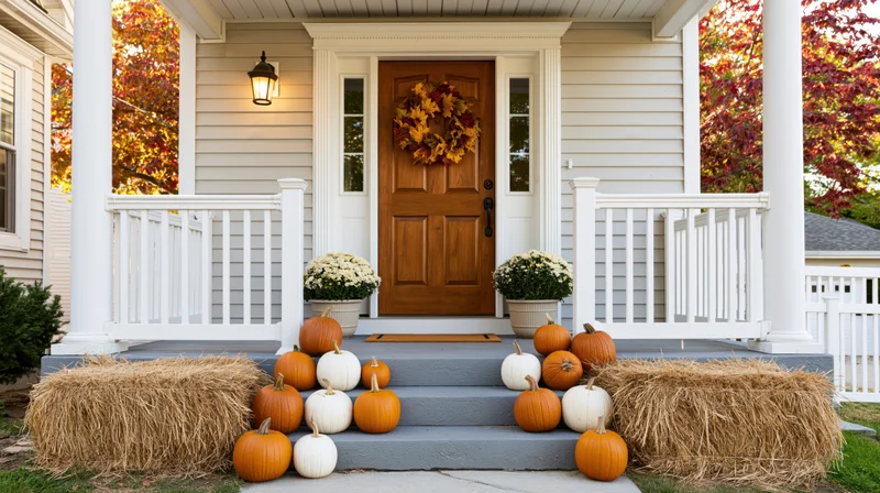 Front porch decorated with pumpkins and hay bales for autumn, featuring a wooden door with a leaf wreath and white railing