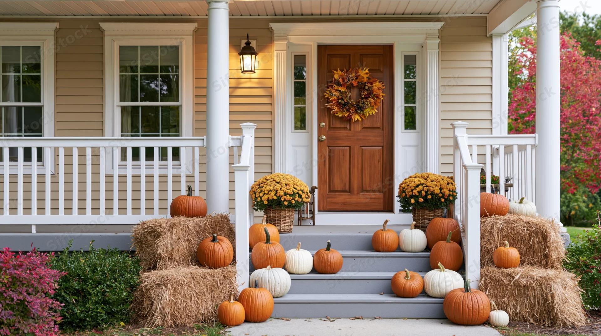 Front porch decorated with pumpkins and hay bales for autumn, steps leading to wooden door with wreath, surrounded by flowers and shrubs